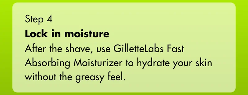 Step 4 - Lock in moisture: After the shave, use GilletteLabs Fast Absorbing Moisturizer to hydrate your skin without the greasy feel.
