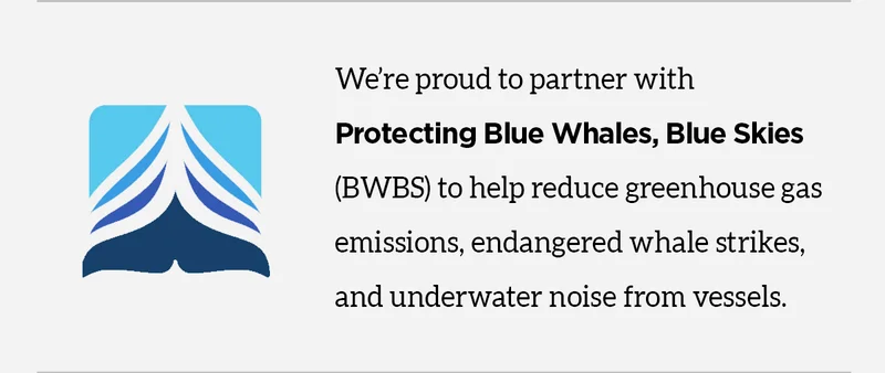 We're proud to partner with Protecting Blue Whales, Blue Skies (BWBS) to help reduce greenhouse gas emissions, endangered whale strikes, and underwater noise from vessels.