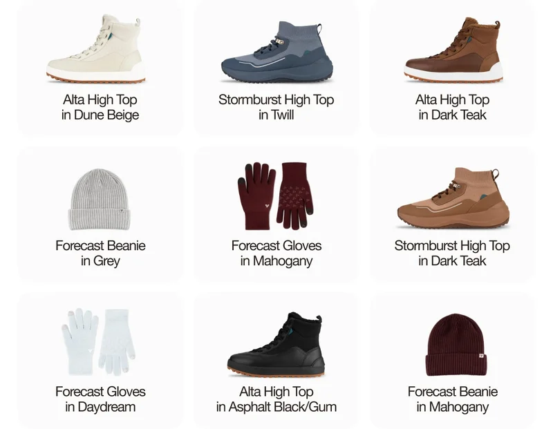 Alta High Top in Dune Beige. Stormburst High Top in Twill. Alta High Top in Dark Teak. Forecast Beanie in Grey. Forecast Gloves in Mahogany. Stormburst High Top in Dark Teak. Forecast Gloves in Daydream. Alta High Top in Asphalt Black/Gum. Forecast Beanie in Mahogany.