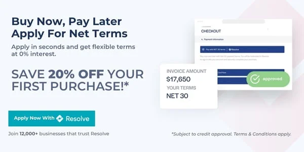 Buy Now, Pay Later. Apply in seconds and get flexible terms at 0% interest. Save 20% OFF Your First Purchase!* *Subject to credit approval. Terms and Conditions Apply. Apply now with Resolve.