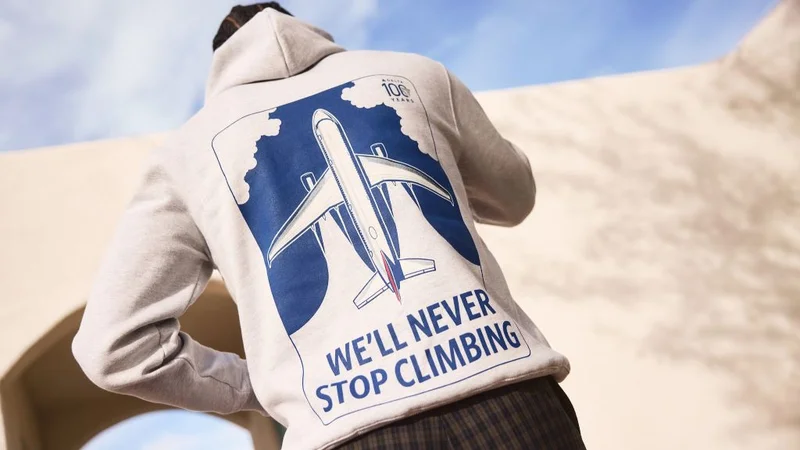A hoodie in Delta's Centennial Collection that features a plane and "We'll Never Stop Climbing"