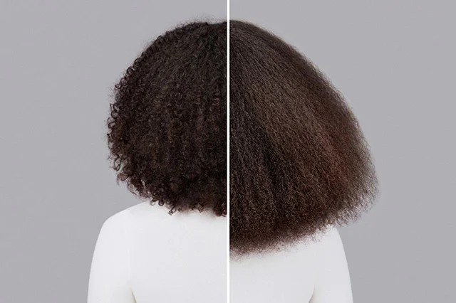 Dyson Chitosan styling collection before and after results on brown coily hair