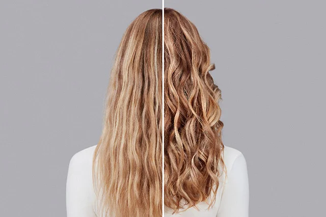 Dyson Chitosan styling collection before and after results on wavy blonde hair