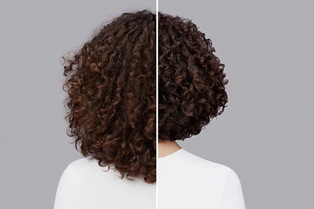Dyson Chitosan styling collection before and after results on curly brown hair