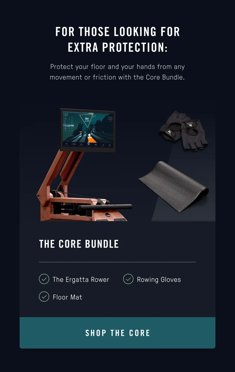 Ergatta Core Bundle is for those looking for added protection. Image with Rower, gloves, and floor mat.