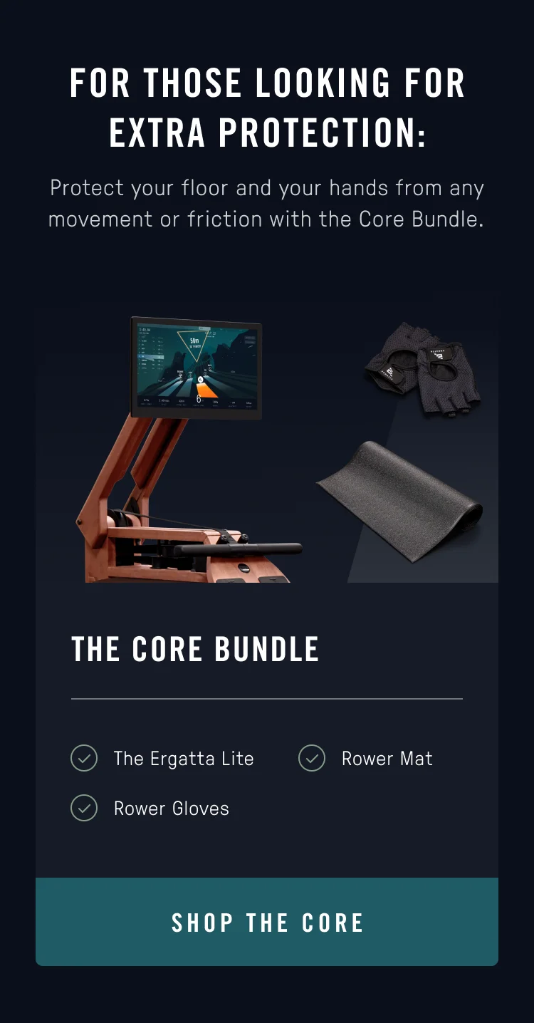 Ergatta Core Bundle is for those looking for added protection. Image with Rower, gloves, and floor mat.