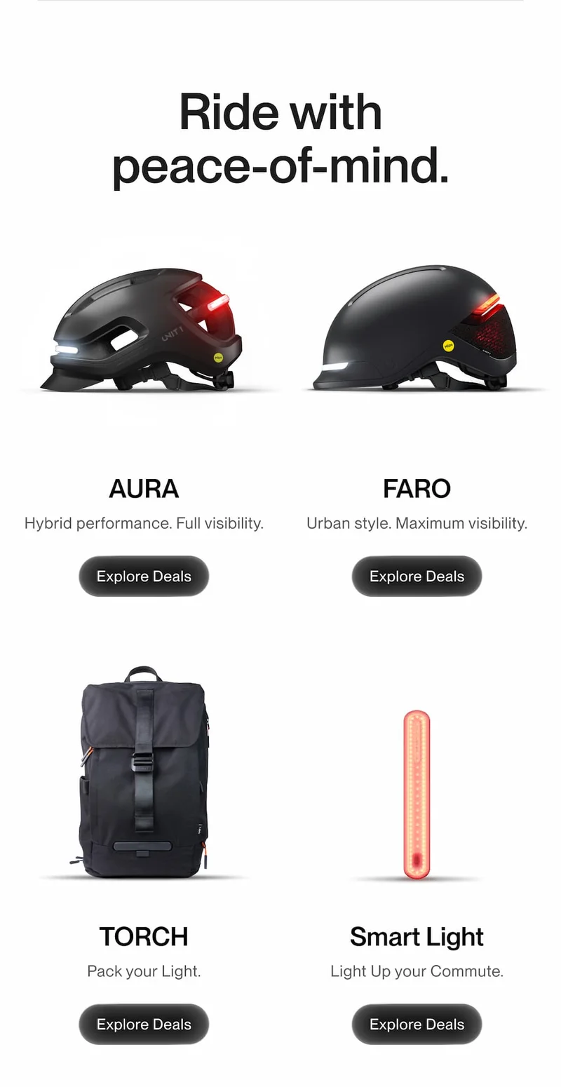 AURA and FARO smart helmets, TORCH backpack, and Smart Light displayed in a clean product grid.