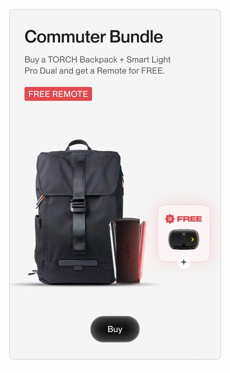 TORCH backpack with Smart Light Pro Dual and a free handlebar remote.