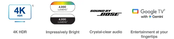 4 Icons representing: 4K HDR 1 | Impressively Bright 4,000 Lumens 2 | Crystal-clear audio, Sounds by Bose | Entertainment at your fingertips with Google TV with Gemeni 2