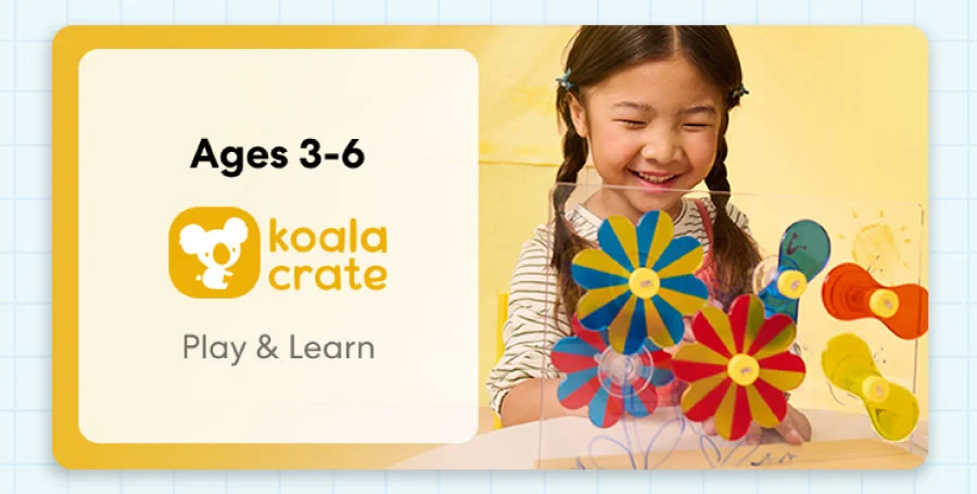 Young child smiling while working on creative KiwiCo Sprout projects, perfect for ages 3–6 for play and learn.