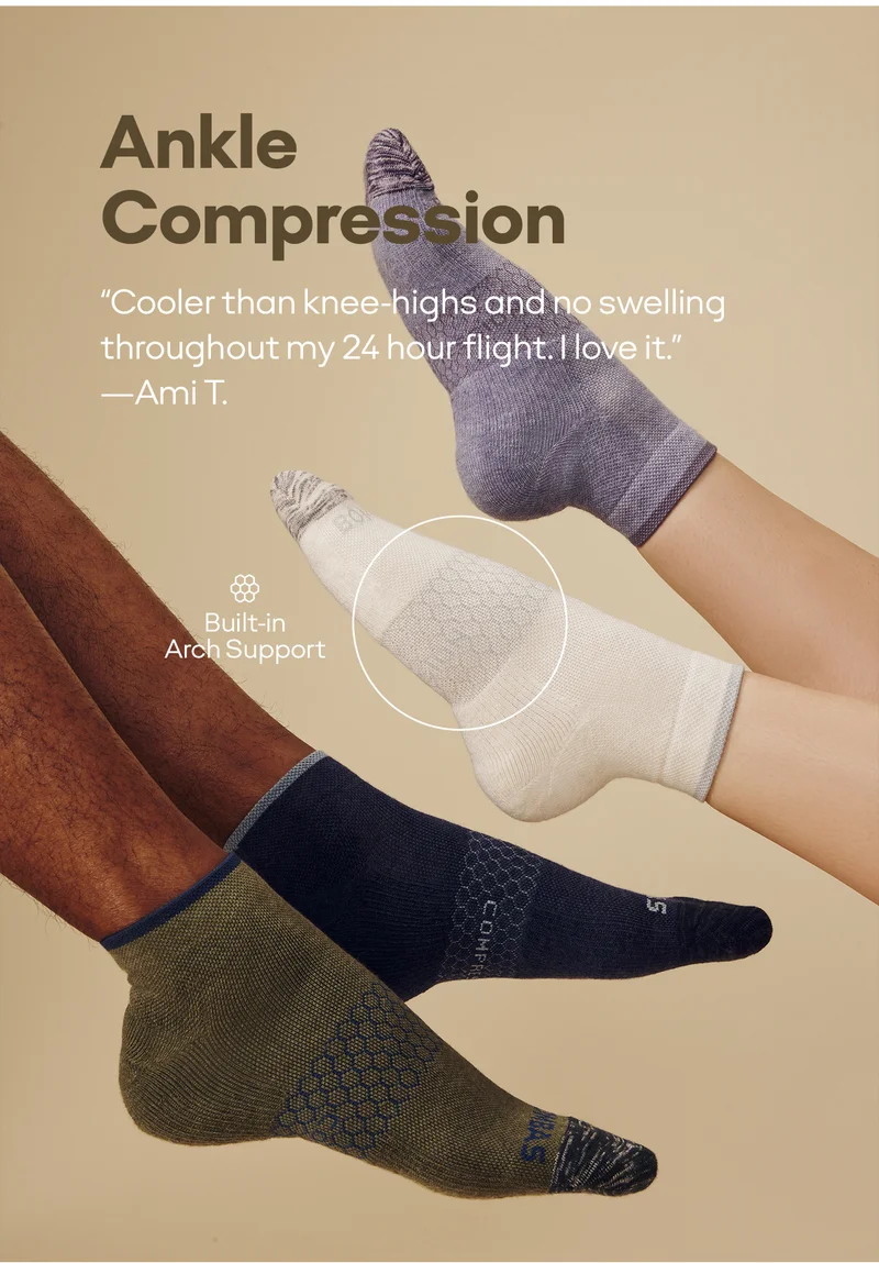 Ankle Compression | “Cooler than knee-highs and no swelling throughout my 24 hour flight. I love it.” -Ami T. | Built-in Arch Support