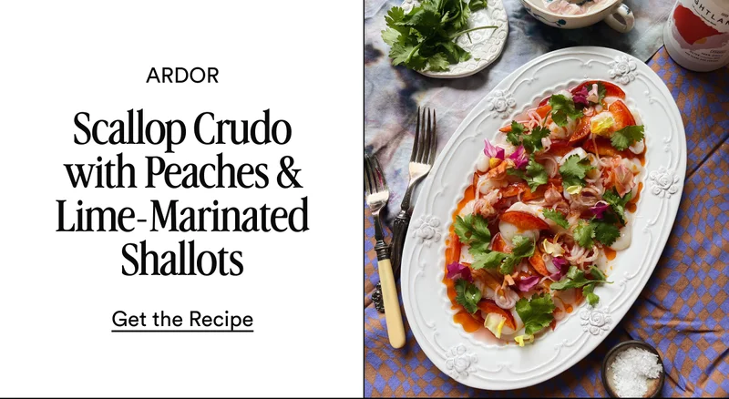 Scallop Crudo with Peaches & Lime-Marinated Shallots