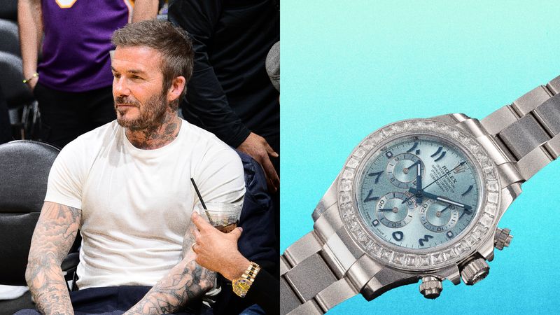 Image may contain: David Beckham, Wristwatch, Arm, Body Part, Person, Adult, Face, and Head