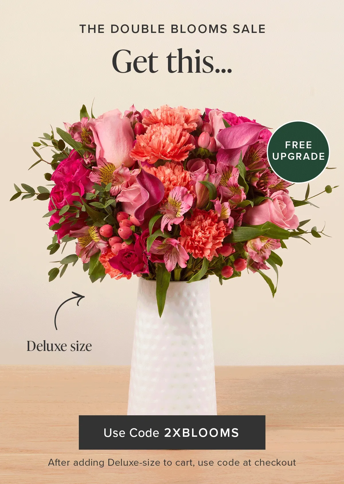 The Double Blooms Sale: Free Upgrade. Get a deluxe size Bouq for the same price as an original. Use code discount code at checkout after adding a deluxe-size bouquet to your cart.