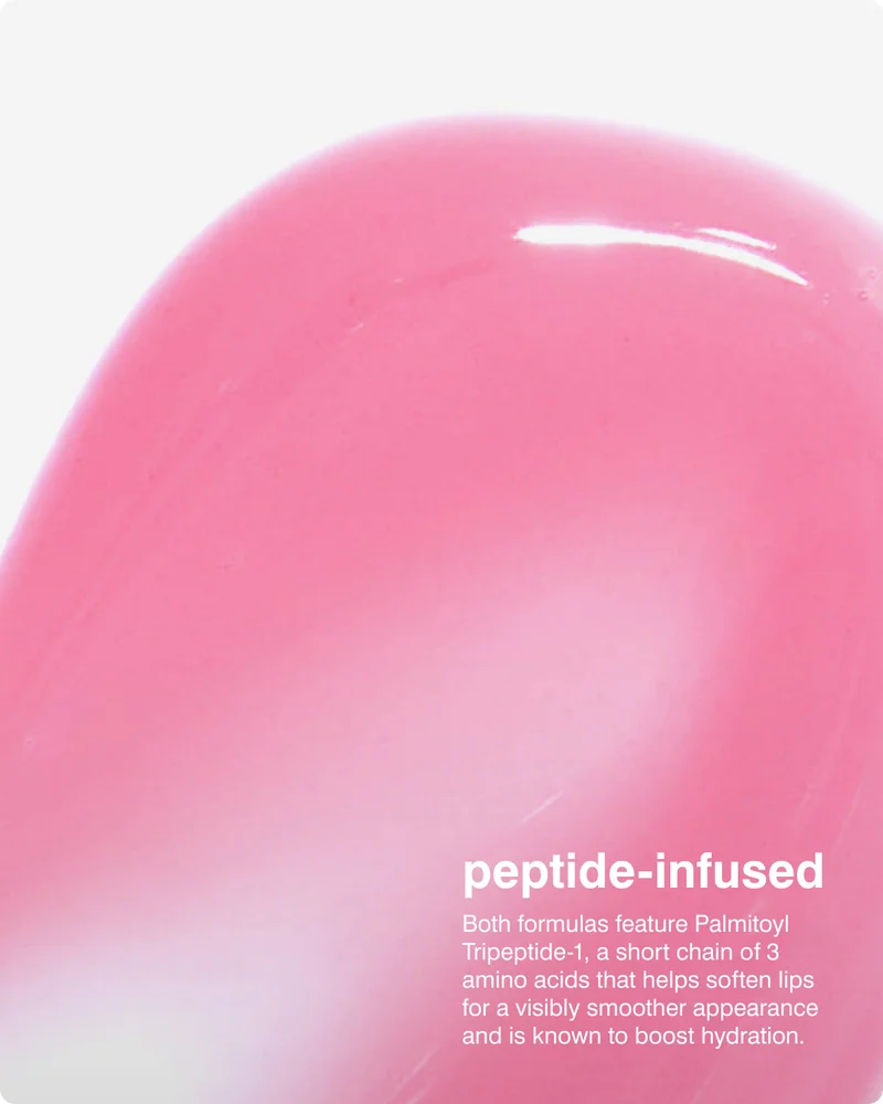 peptide-infused: Both formulas feature Palmitoyl Tripeptide-1, a short chain of 3 amino acids that helps soften lips for a visibly smoother appearance and is known to boost hydration.