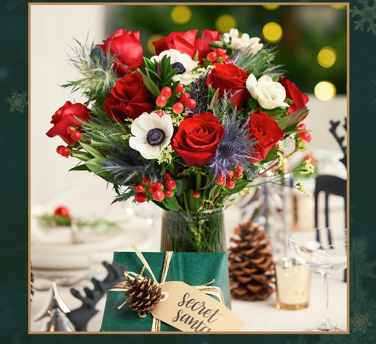 Animated image of the following holiday Bouqs: Santa Tell Me, Cup of Cheer, Stella, Peppermint Party