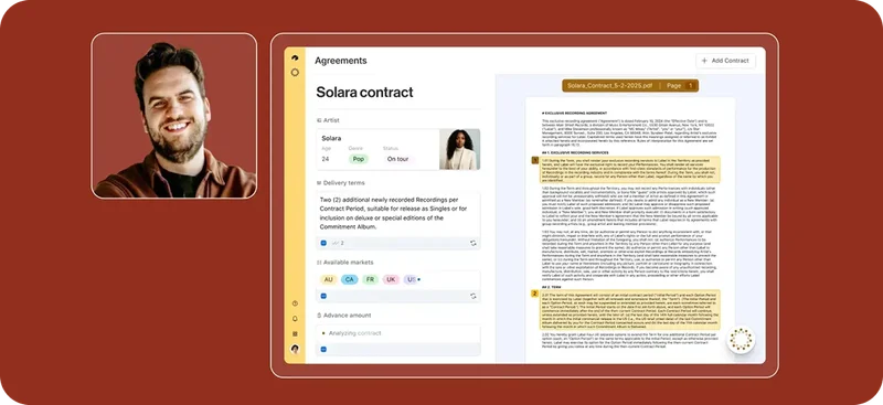 Contract management view in Airtable showing a recording agreement for artist Solara, with highlighted terms and an individual reviewing details.