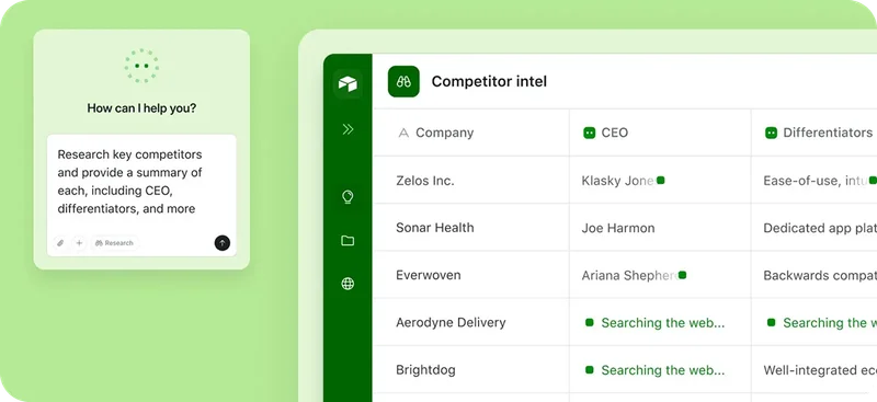 Airtable AI interface researching competitor intelligence, displaying company names, CEOs, and differentiators in a green-themed dashboard.