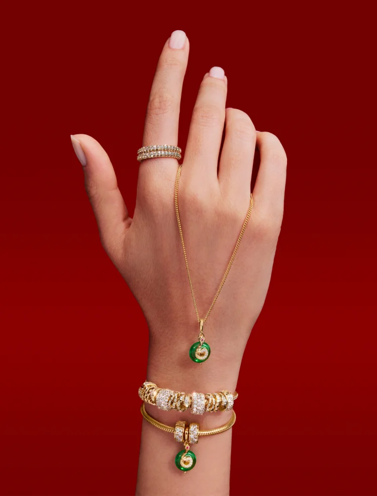Hand wearing Pandora bracelets with snake charms