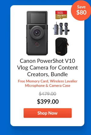 Canon PowerShot V10 Vlog Camera (Black), Bundle  Free memory card, wireless lav mic & camera case