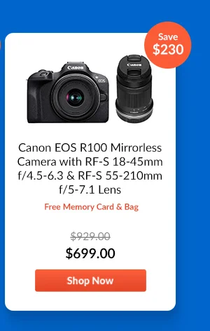 Canon EOS R100 Mirrorless Camera w/ RF-S 18-45mm & 55-210mm Lenses  Free memory card & bag