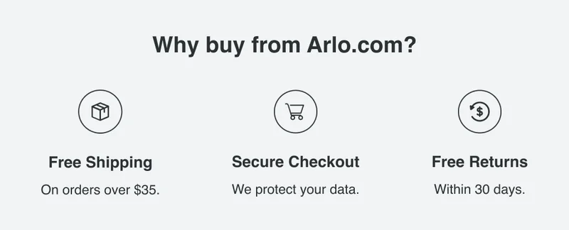 Why buy from Arlo.com? Free shipping on orders over $35. Secure checkout. We protect your data. Free returns within 30 days.