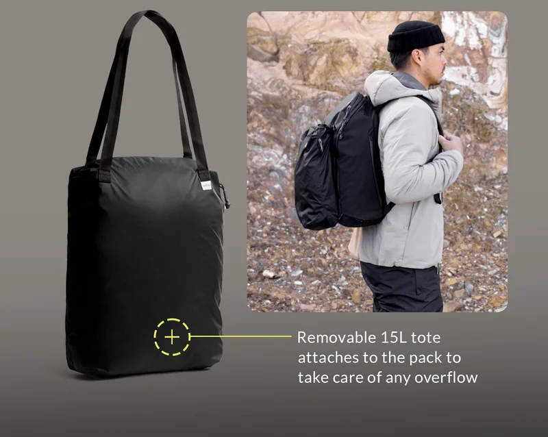Removable 15L tote attaches to the pack to take care of any overflow