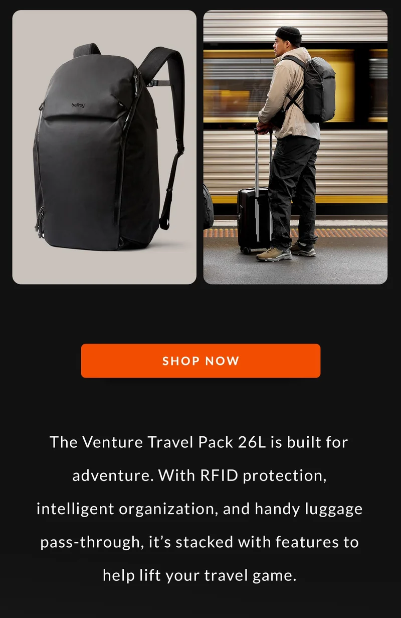 The Venture Travel Pack 26L is built for adventure. With RFID protection, intelligent organization, and handy luggage pass-through – it’s stacked with features to help lift your travel game.