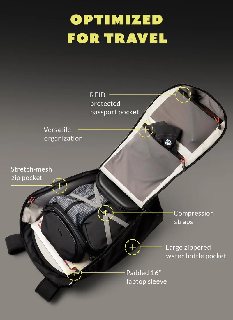 Hidden RFID protected passport pocket Versatile organization Internal stretch-mesh zip pocket Internal compression straps Large zippered water bottle pocket 16” padded laptop sleeve