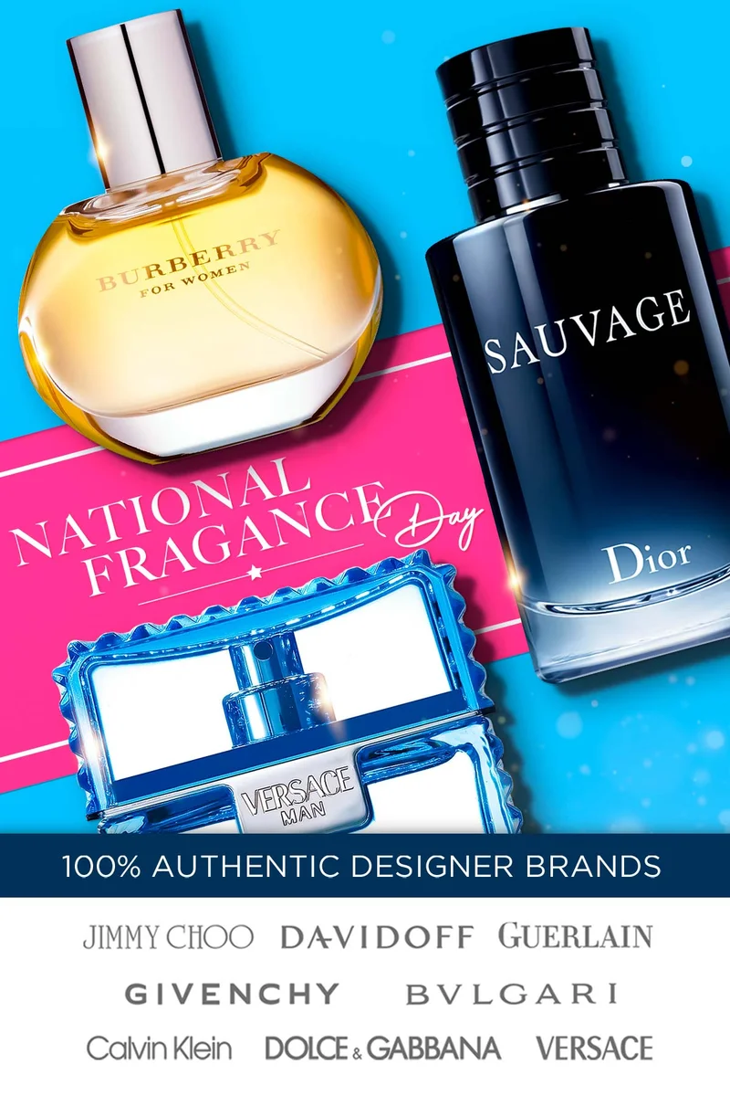 Best selling perfume and colognes displayed on a National Fragrance Day banner