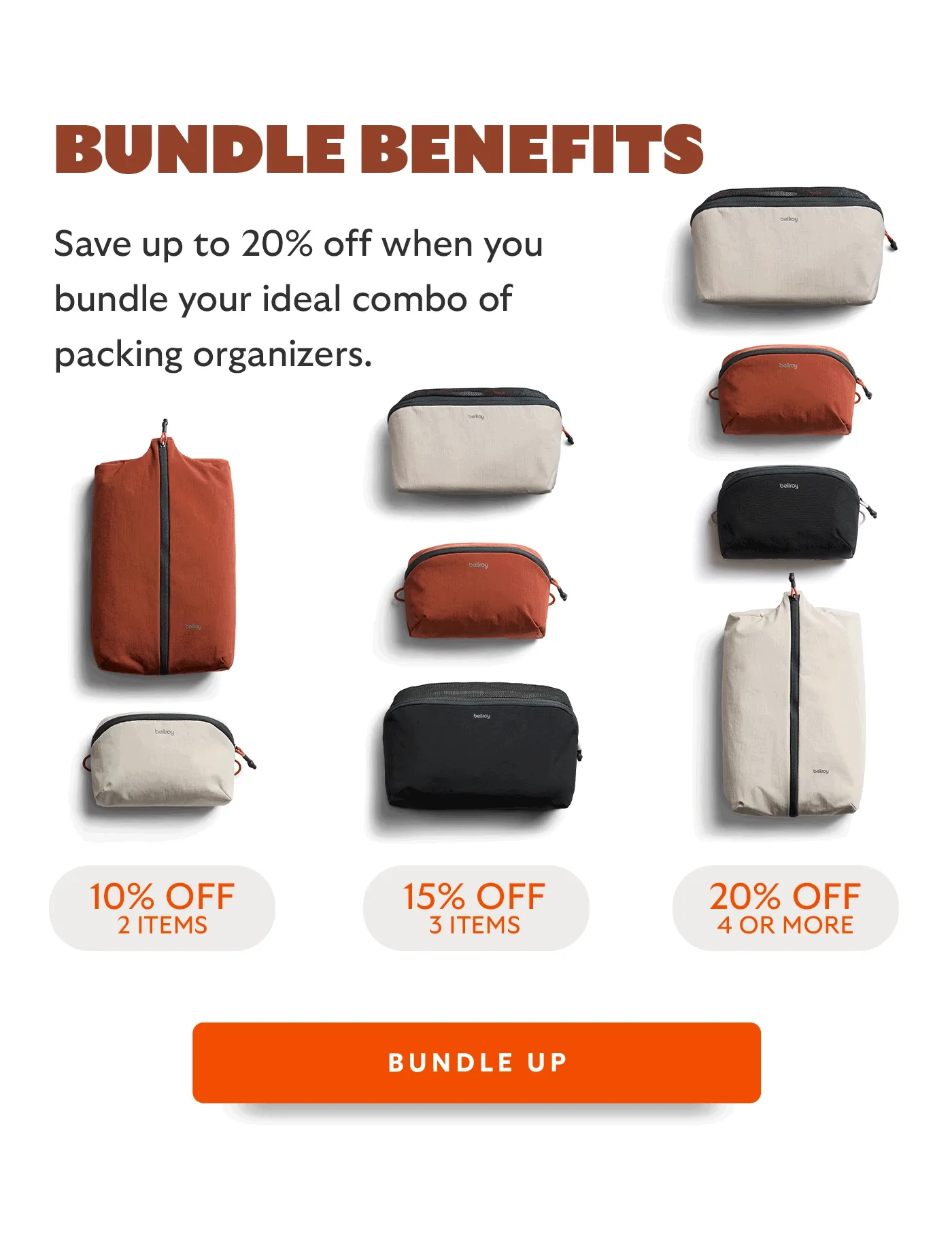 Bundle Benefits. Save up to 20% off when you bundle your ideal combo of packing organizers.
