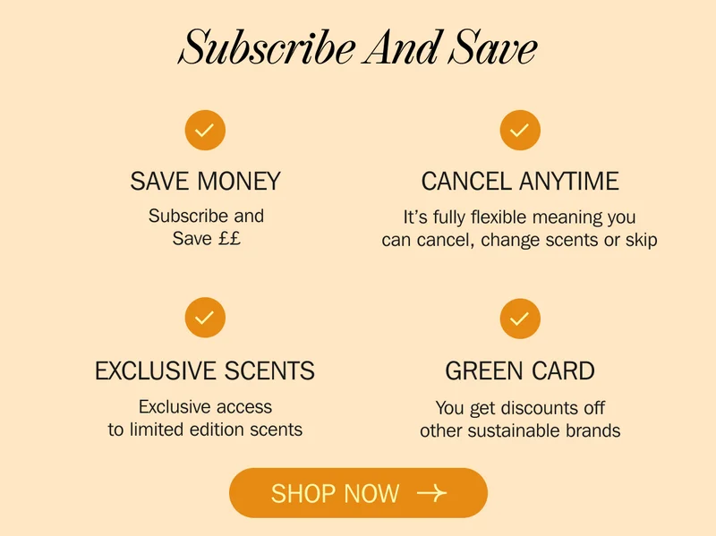 Subscribe And Save SAVE MONEY. CANCEL ANYTIME. EXCLUSIVE SCENTS. GREEN CARD