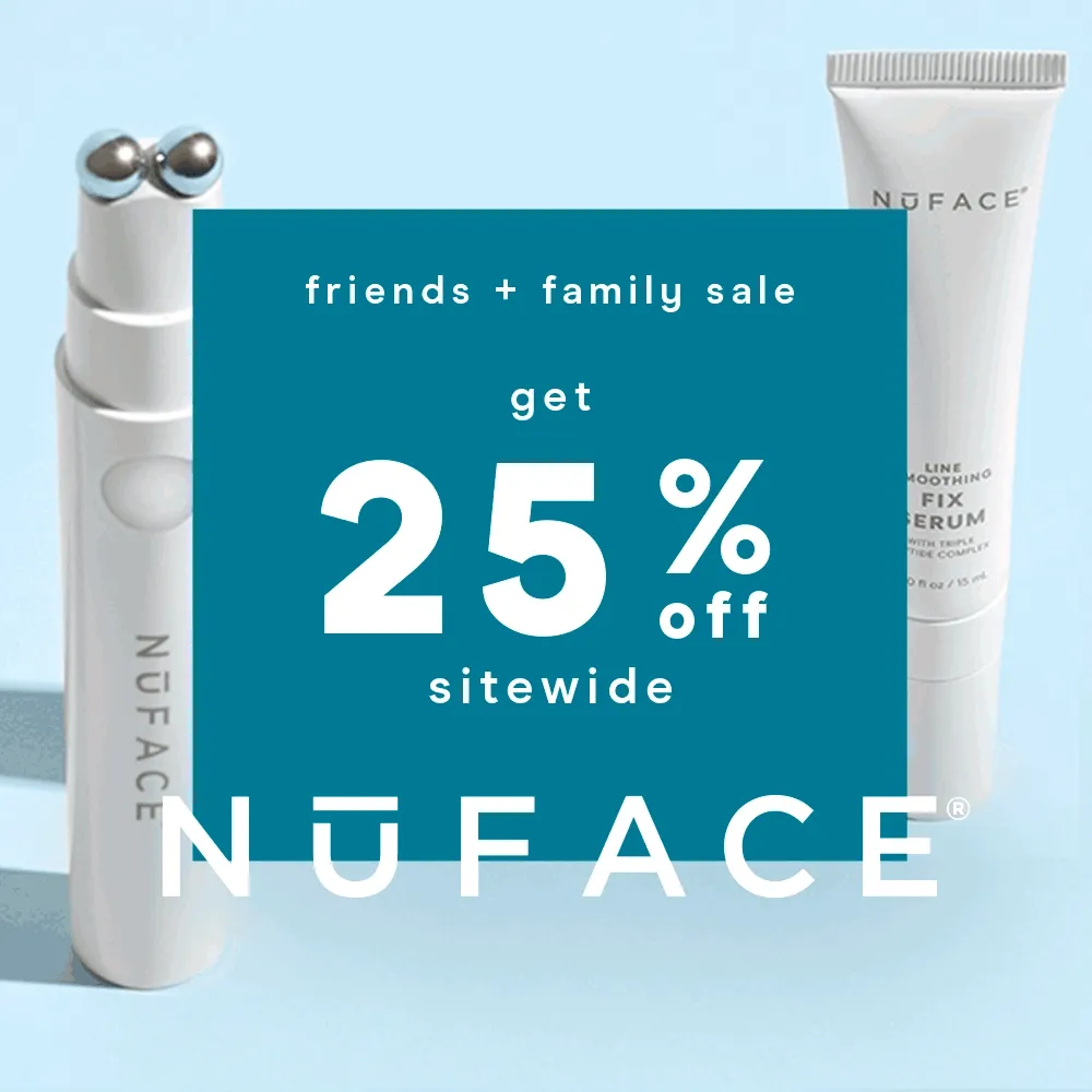 30% OFF sale collage of a woman holding the FIX device to her under eye paired along another woman holding the MINI+ to her neck, a hand holding the TRINITY+ and NuFACE Microcurrent Activators.