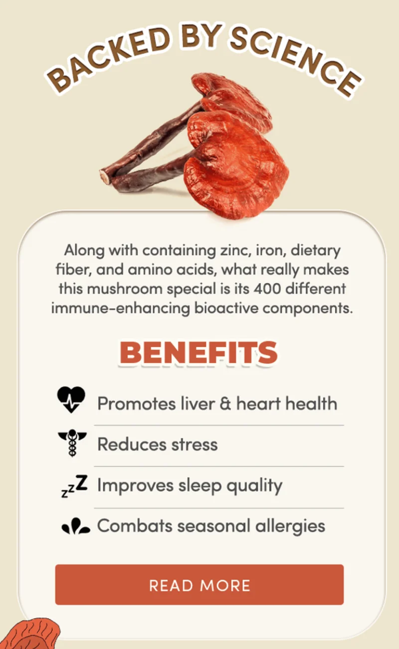 Backed by science | Along with containing zinc, iron, dietary fiber, and amino acids, what really makes this mushroom special is it's 400 different immune-enhancing bioactive components. | Read More