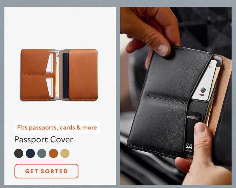 [Product name] Passport Cover [Starburst] Fits passports, cards & more CTA Get sorted