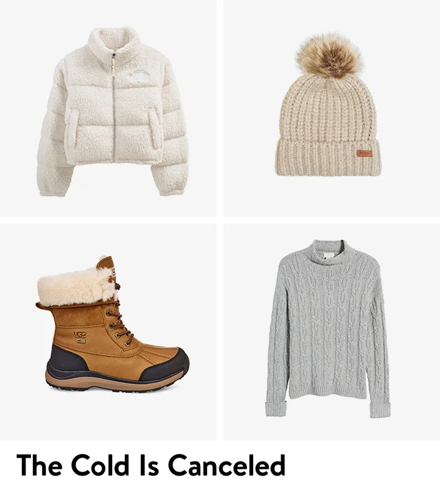 A white puffer coat, off-white beanie, grey sweater and brown winter boot.