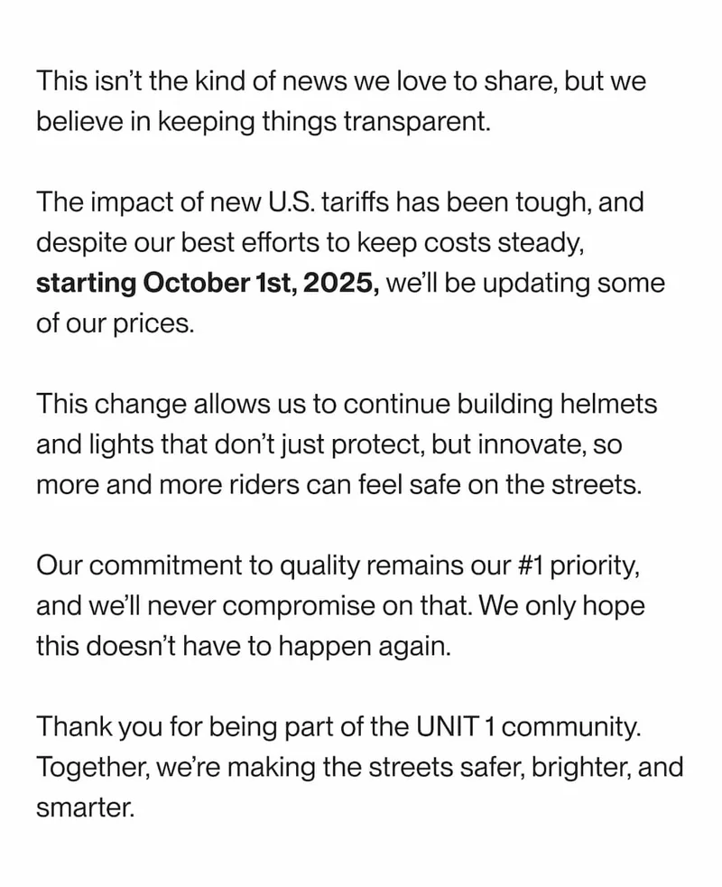 UNIT 1 announcement explaining upcoming price increase starting October 1st, 2025, due to U.S. tariffs.