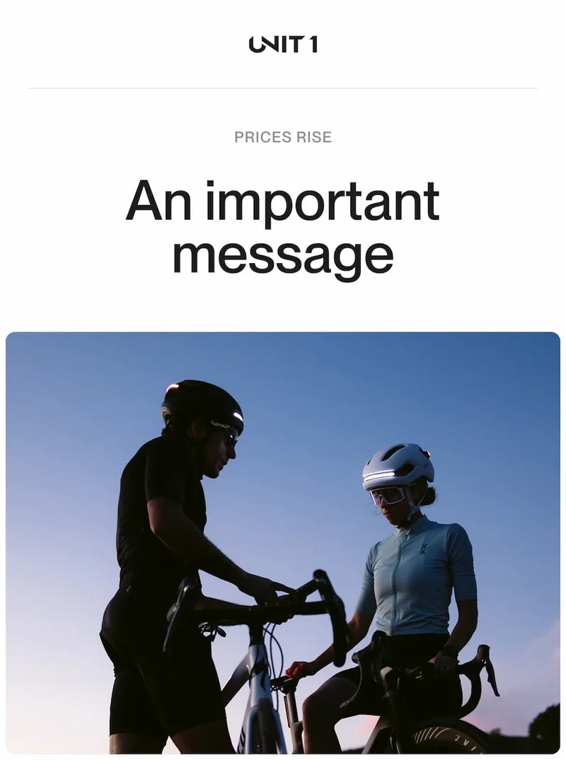 Two cyclists wearing UNIT 1 smart helmets at sunset with the headline ‘An important message’ about price updates.