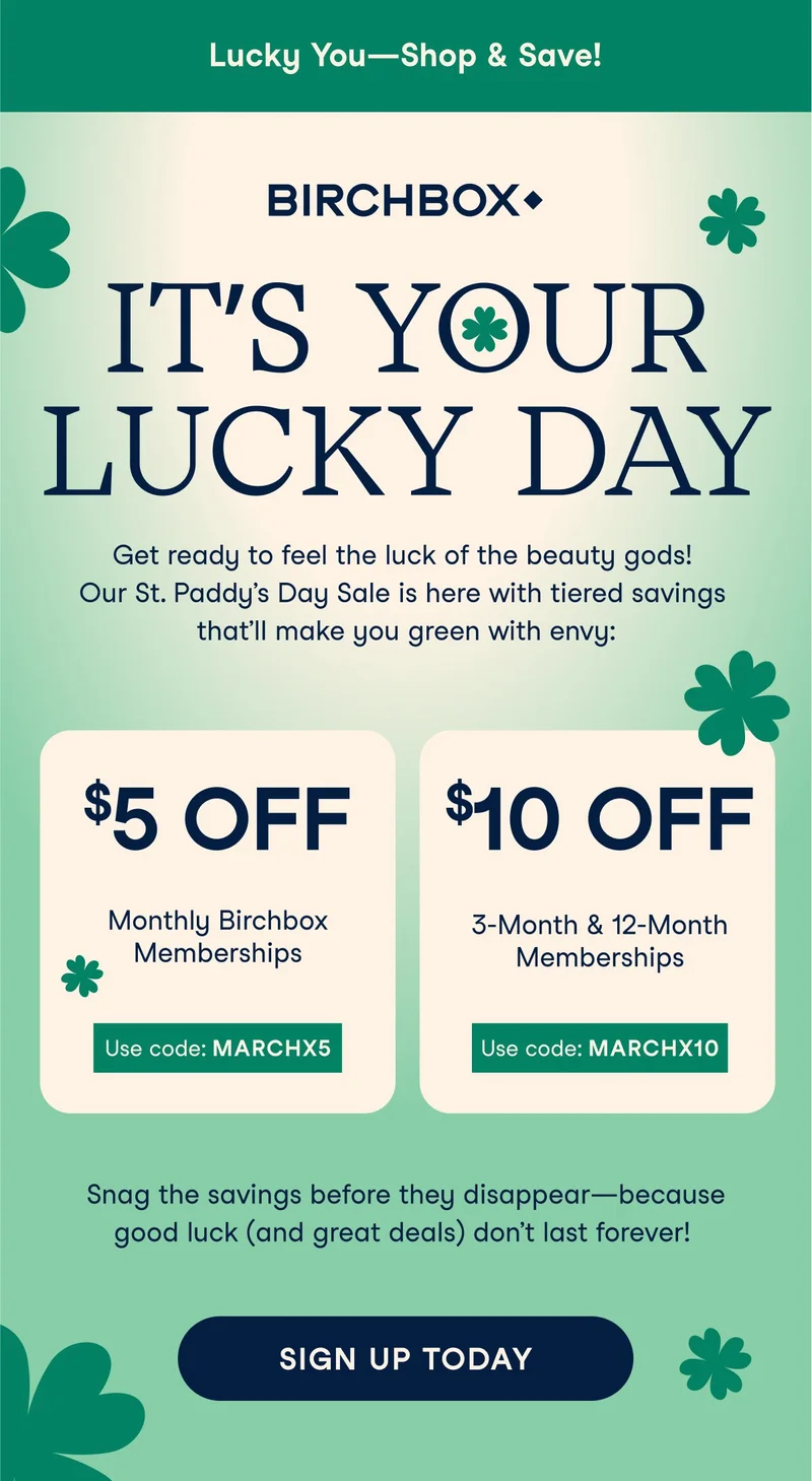It's your lucky day! Take $5 off your first box for a monthly membership or $10 off a 3 month or 12 month membership. Use code MARCHX5 or discount code at checkout.