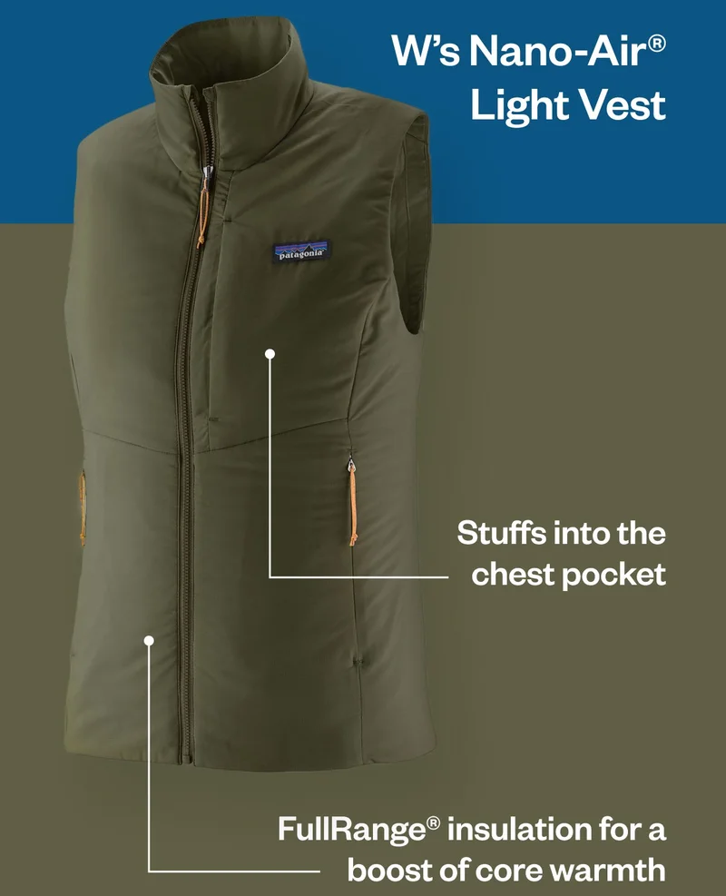 W’s Nano-Air® Light Vest. Stuffs into the chest pocket. FullRange® insulation for a boost of core warmth.