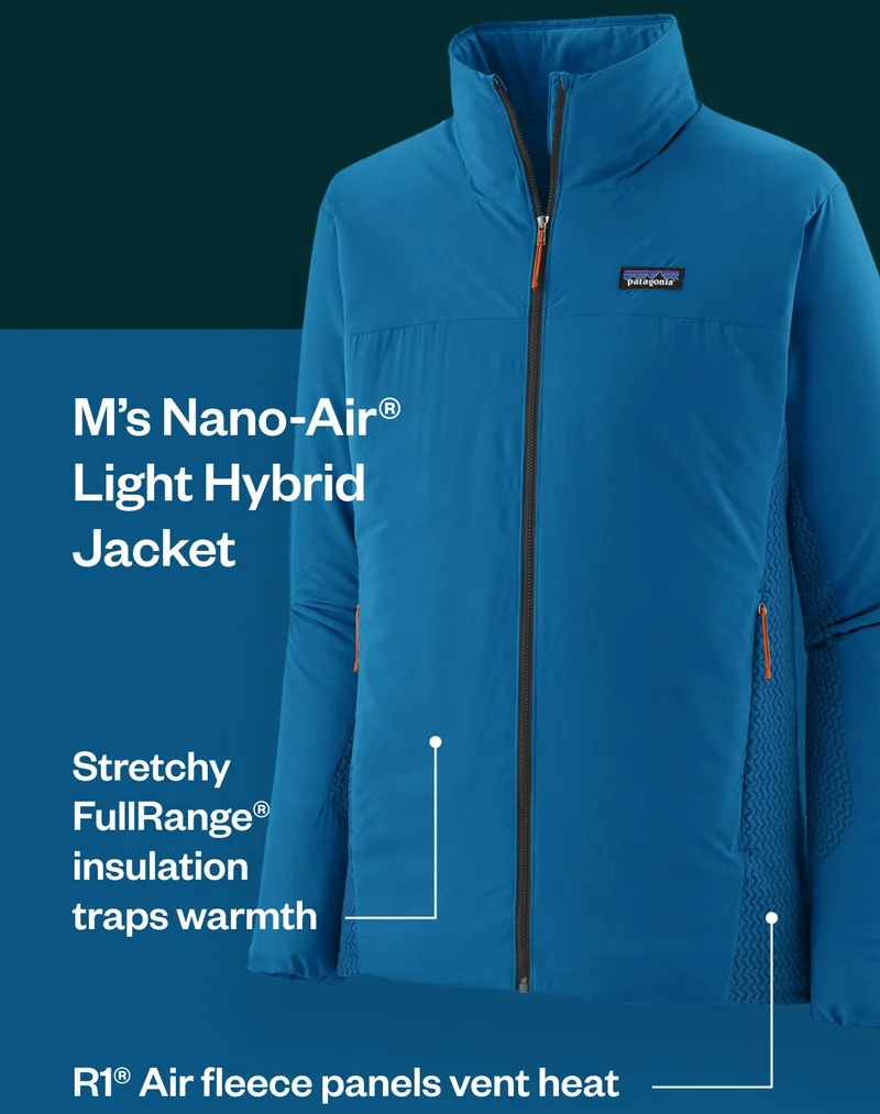 M’s Nano-Air® Light Hybrid Jacket. Stretchy FullRange® insulation traps warmth. R1® Air fleece panels vent heat.