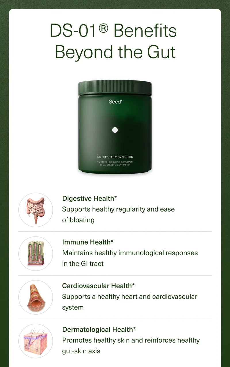 DS-01® Benefits Beyond the Gut Digestive Health* Supports healthy regularity and ease of bloating Immune Health* Maintains healthy immunological responses in the GI tract Cardiovascular Health* Supports a healthy heart & cardiovascular system Dermatological Health* Promotes healthy skin and reinforces healthy gut-skin axis