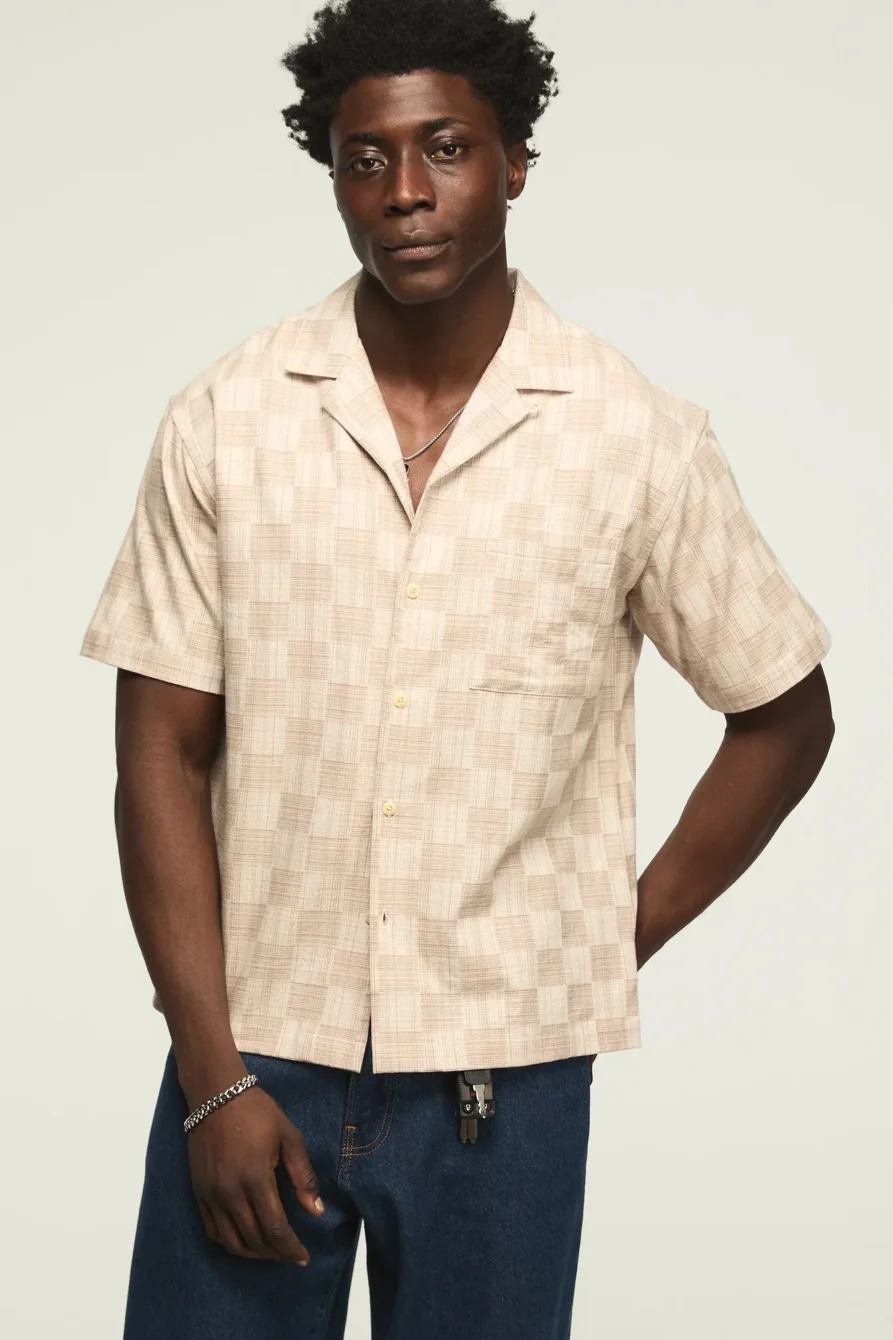 Image of Lucky Brand Untucked Camp Collar Shirt - Men's Clothing Outerwear Shirt Jackets in Beige
