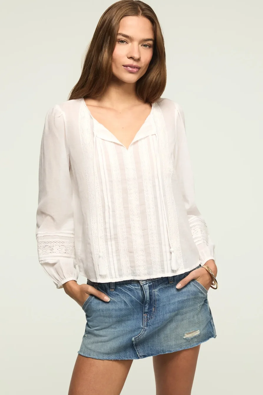 Image of Lucky Brand Lace Pintuck Peasant Blouse - Women's Clothing Peasant Tops Shirts in Bright White