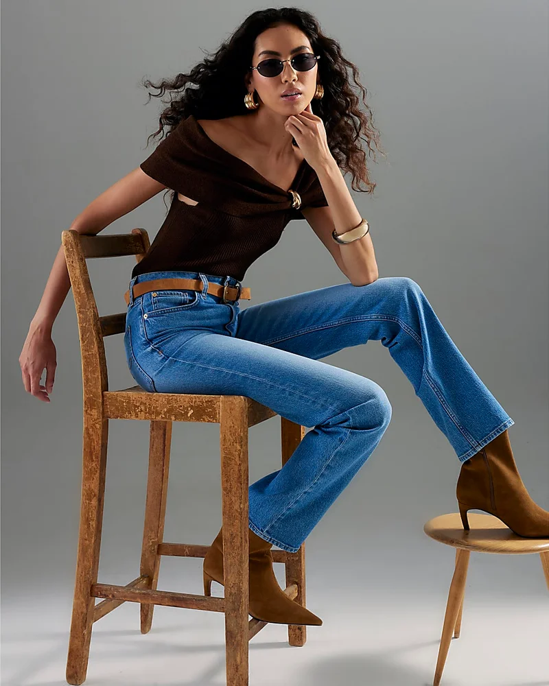 Womens Blue Belted Stretch Straight Leg Jeans