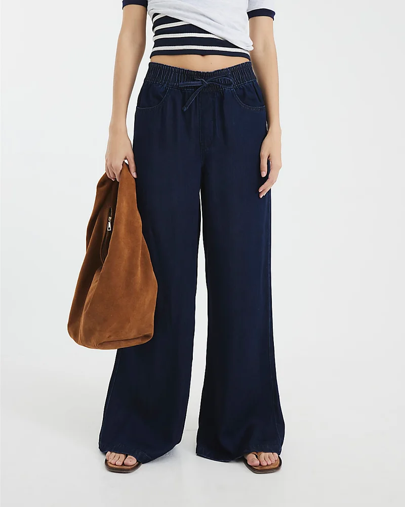 Womens Blue Wide Leg Pyjama Style Jeans