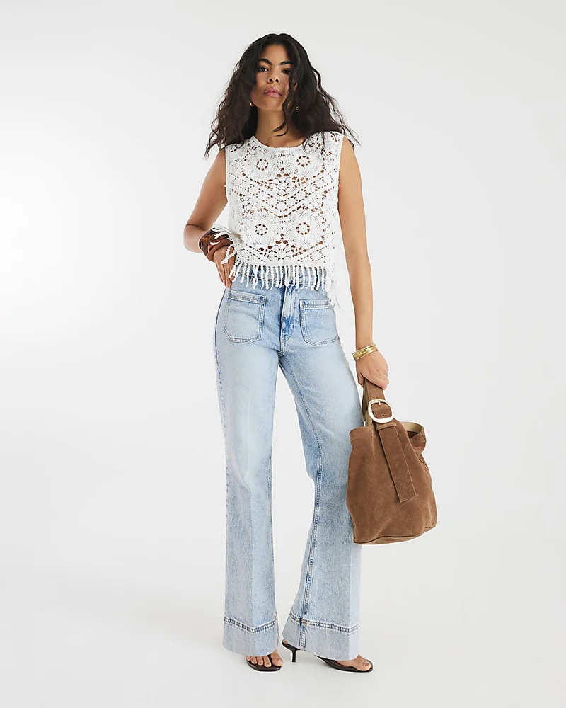 Womens Blue High Waisted Front Pocket Wide Leg Jeans