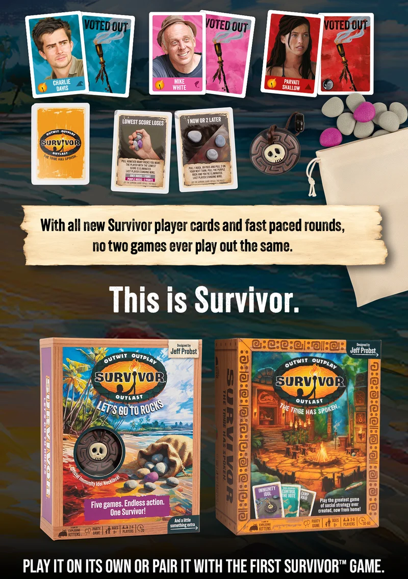 With all new Survivor player cards and fast paced rounds, no two games ever play out the same. | This is Survivor. |