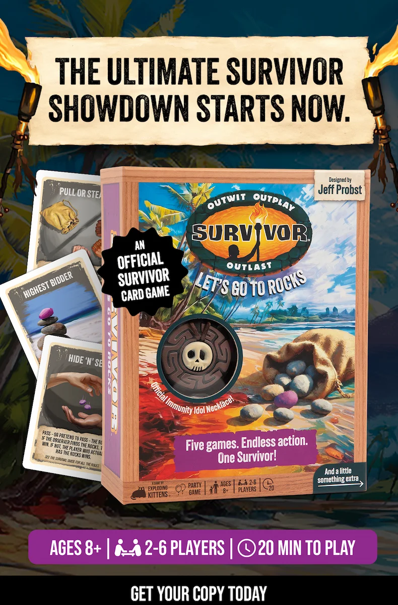 THE ULTIMATE SURVIVOR SHOWDOWN STARTS NOW. |  SURVIVOR: LET'S GO TO ROCKS | AN OFFICIAL SURVIVOR CARD GAME | Five games. Endless action. One Survivor!