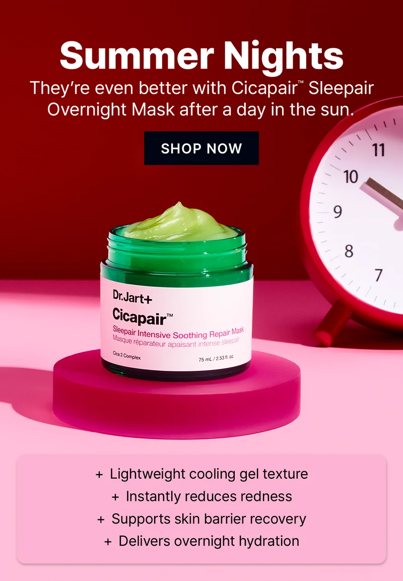 Summer Nights | They're even better with Cicapair™ Sleepair Overnight Mask after a day in the sun. | SHOP NOW | + Lightweight cooling gel texture | + Instantly reduces redness | + Supports skin barrier recovery | + Delivers overnight hydration